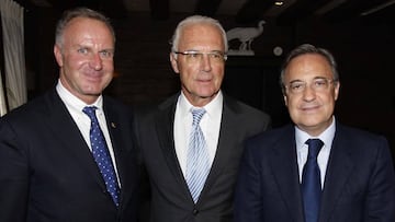 Karl-Heinz Rummenigge, presidente del Bayern, junto a Franz Beckenbauer y Florentino Pérez en una imagen de archivo.