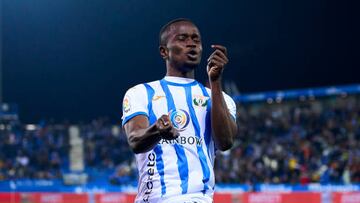 LEGANES, SPAIN - JANUARY 06: Seydouba Cisse of CD Leganes celebrates after scoring his team's first goal during La Liga SmartBank match between CD Leganes and CD Lugo at Estadio Municipal de Butarque on January 06, 2023 in Leganes, Spain. (Photo by Diego Souto/Quality Sport Images/Getty Images)