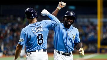 ST PETERSBURG, FLORIDA - APRIL 08: Randy Arozarena #56 of the Tampa Bay Rays celebrates with Brandon Lowe #8 after hitting a home run during the eighth inning against the Oakland Athletics at Tropicana Field on April 08, 2023 in St Petersburg, Florida.   Kevin Sabitus/Getty Images/AFP (Photo by Kevin Sabitus / GETTY IMAGES NORTH AMERICA / Getty Images via AFP)