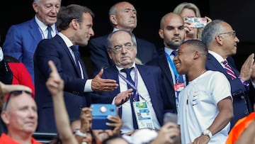LYON, FRANCE - JULY 07: Emmanuel Macron President of France, Noel Le Graet President of the French Football Federation and Kylian Mbappe International soccer player are talking during the 2019 FIFA Women's World Cup France Final match between The United States of America and The Netherlands at Stade de Lyon on July 7, 2019 in Lyon, France. (Photo by Catherine Steenkeste/Getty Images)