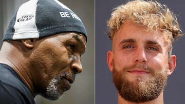 (COMBO) This combination of file pictures created on March 07, 2024, shows former US boxer Mike Tyson in Las Vegas, Nevada, on September 26, 2023 and boxer Jake Paul in Riyadh, on February 25, 2023. Tyson will return to the ring to face Youtuber-turned-boxer Paul in an exhibition bout screened on Netflix, organizers announced on March 7, 2024. Tyson, 57, and Paul, 27, will face off at the AT&T Stadium in Arlington, Texas, on July 20, 2024, Netflix and Most Valuable Promotions (MVP) announced. (Photo by Ian Maule and Fayez Nureldine / AFP)