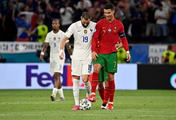 Karim Benzema of France interacts with Cristiano Ronaldo of Portugal during the UEFA Euro 2020 Championship Group F match between Portugal and France at Puskas Arena on June 23, 2021 in Budapest, Hungary.