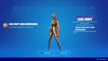 El estilo Oro/Aniversario del skin Lara Croft se desbloquea yendo a Isla Nublada y recogiendo el fusil de asalto legendario mientras vamos con el skin Lara Croft equipado