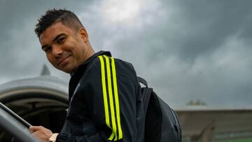 MANCHESTER, ENGLAND - NOVEMBER 02: (EXCLUSIVE COVERAGE) Casemiro of Manchester United checks in at Manchester Airport ahead of their match against Real Sociedad on November 02, 2022 in Manchester, England. (Photo by Ash Donelon/Manchester United via Getty Images)