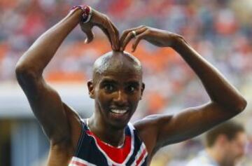 El británico Mo Farah celebrando la victoria en los 10.000 metros masculinos