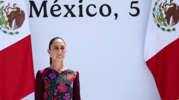 Mexico's President Claudia Sheinbaum looks on ahead of her speech marking her first year in office, reporting on government actions included in her first State of the Union address, to supporters and government officials at Zocalo Square, in Mexico City, Mexico, October 5, 2025. REUTERS/Toya Sarno Jordan