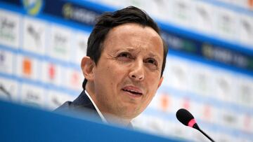Marseille's Spanish president Pablo Longoria attends a press conference at the Velodrome Stadium in Marseille, southern France, on April 28, 2021. (Photo by Nicolas TUCAT / AFP)
