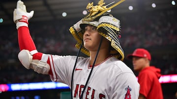 August 3, 2023; Anaheim, California, USA; Los Angeles Angels starting pitcher Shohei Ohtani (17) celebrates after hitting a solo home run against the Seattle Mariners during the eighth inning at Angel Stadium. Mandatory Credit: Gary A. Vasquez-USA TODAY Sports