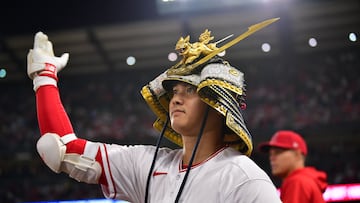 August 3, 2023; Anaheim, California, USA; Los Angeles Angels starting pitcher Shohei Ohtani (17) celebrates after hitting a solo home run against the Seattle Mariners during the eighth inning at Angel Stadium. Mandatory Credit: Gary A. Vasquez-USA TODAY Sports