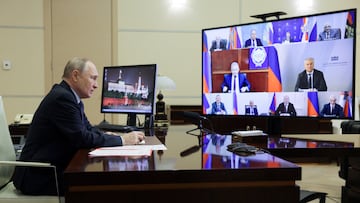 Russian President Vladimir Putin chairs a meeting with members of the Security Council of Russia via video link at the Novo-Ogaryovo state residence outside Moscow, Russia January 31, 2025. Sputnik/Gavriil Grigorov/Pool via REUTERS ATTENTION EDITORS - THIS IMAGE WAS PROVIDED BY A THIRD PARTY.