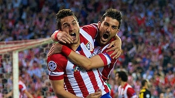 Koke celebra con Villa su decisivo 0-1 en los cuartos de Champions de la 13-14 ante el Barcelona.