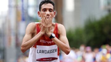 SAPPORO, JAPAN - AUGUST 08: Ayad Lamdassem of Team Spain reacts after coming in fifth in the Men&#039;s Marathon Final on day sixteen of the Tokyo 2020 Olympic Games at Sapporo Odori Park on August 08, 2021 in Sapporo, Japan. (Photo by Lintao Zhang/Getty Images)