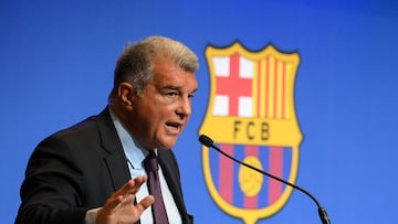 Barcelona's President Joan Laporta addresses a press conference at the Camp Nou stadium in Barcelona on April 17, 2023. - Barcelona president Joan Laporta said on April 16 that the courts had "nothing" against Bar?a in the refereeing scandal that has shaken Spain for two months. Laporta assured that he would "give all the explanations" about the role of FC Barcelona in this case. (Photo by LLUIS GENE / AFP)