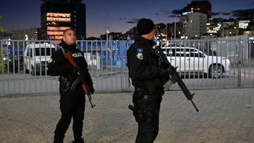 Kosovo's police officers secure the area around the Fadil Vokrri stadium prior to the arrival of Israel's national football team for a training session in Pristina ahead of Euro 2024 football qualifier on November 11, 2023. Kosovo's police implemented high security measures for the Euro 2024 qualifying match between Kosovo and Israel, taking place in a country with a vast majority of muslims. Dozens of posts haven been launched online to call for the cancelation of the game, the first away play of Israel's team since October 7, 2023 when Palestinian Hamas militants based in the Gaza Strip entered southern Israel in an unprecedented attack triggering a war declared by Israel on Hamas with retaliatory bombings on Gaza. (Photo by Armend NIMANI / AFP)