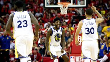 May 28, 2018; Houston, TX, USA; Golden State Warriors center Jordan Bell (2) reacts after a score against the Houston Rockets during the second half of game seven of the Western conference finals of the 2018 NBA Playoffs at Toyota Center. Mandatory Credit: Troy Taormina-USA TODAY Sports     TPX IMAGES OF THE DAY