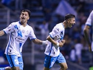 Brayan Garnica celebrates his goal 1-0 with Pablo Gamarra of Puebla during the 17th round match between Puebla and Queretaro as part of the Liga BBVA MX Varonil, Torneo Clausura 2026 at Cuauhtemoc Stadium, on April 24, 2026 in Puebla, Mexico.