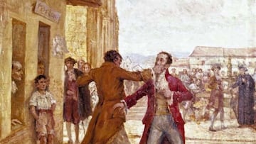 Pelea de Pantaleón Santamaría con González Llorente en la esquina nororiental de la Plaza Mayor hoy en día llamada Plaza de Bolívar.