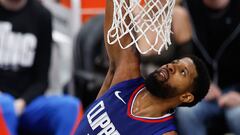 LA Clippers forward Paul George drives to the basket with the ball during the fourth quarter of the NBA basketball game between the Oklahoma City Thunder and the Los Angeles Clippers in Los Angeles, California, USA, 16 January 2024.