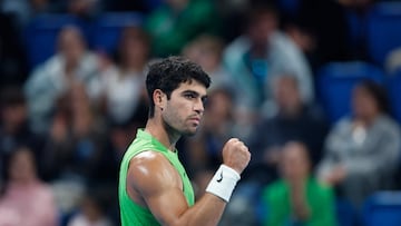 Spain�s Carlos Alcaraz reacts during their men�s singles match against France's Arthur Rinderknech at the Qatar Open tennis tournament in Doha on February 17, 2026. (Photo by Karim JAAFAR / AFP)