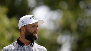 Golf - LIV Golf - Britain - JCB Golf & Country Club, Rocester, Britain - July 25, 2025 Legion XIII's Jon Rahm reacts on the 2nd hole during the first round Action Images via Reuters/Andrew Couldridge