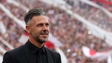 River Plate's coach Martin Demichelis looks on before the start of the Argentine Professional Football League Cup 2024 match between River Plate and Boca Juniors at El Monumental stadium in Buenos Aires on February 25, 2024. (Photo by ALEJANDRO PAGNI / AFP)