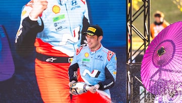 Thierry Neuville (BEL) Martijn Wydaeghe (BEL) Of team HYUNDAI SHELL MOBIS WORLD RALLY TEAM celebrate on the podium after winning the FIA World Rally Drivers and Co-Drivers titles at the final round the FIA World rally Championship season during the World Rally Championship in Toyota City, Japan on 24.11.2024 // Jaanus Ree / Red Bull Content Pool // SI202411240310 // Usage for editorial use only //