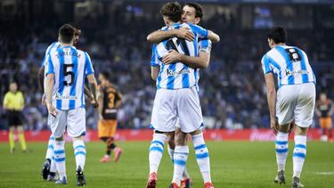 Adnan Januzaj, Mikel Oyarzabal celebrates goal during the La Liga soccer match between Real Sociedad C.F vs Valencia C.F at Reale Arena.San Sebastian, Guipuzcoa ,Spain, 22/02/2020.