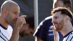 Leo Messi and Javier Mascherano in training ahead of Argentina&#039;s opening match against Chile.