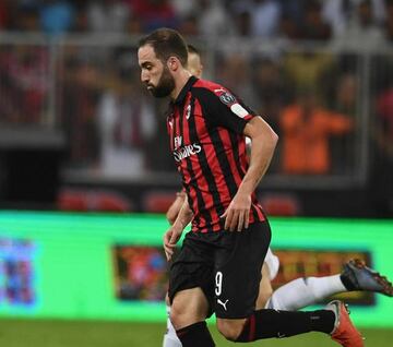 JEDDAH, SAUDI ARABIA - JANUARY 16: Gonzalo Higuain of AC Milan in action during the Italian Supercup match between Juventus and AC Milan at King Abdullah Sports City on January 16, 2019 in Jeddah, Saudi Arabia. (Photo by Claudio Villa/Getty Images for Leg