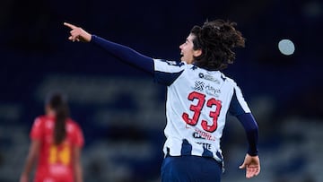 Carol Cazares celebrates her goal 5-0 of Monterrey during the 2nd round match between Monterrey and Necaxa as part of the Liga BBVA MX Femenil, Torneo Clausura 2026 at BBVA Bancomer Stadium, on January 11, 2026 in Monterrey, Nuevo Leon, Mexico.