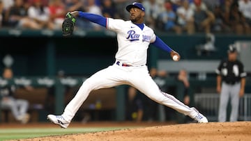 ARLINGTON, TX - AUGUST 3: Aroldis Chapman #45 of the Texas Rangers pitches against the Chicago White Sox during the eighth inning at Globe Life Field on August 3, 2023 in Arlington, Texas. The Rangers won 5-3.   Ron Jenkins/Getty Images/AFP (Photo by Ron Jenkins / GETTY IMAGES NORTH AMERICA / Getty Images via AFP)