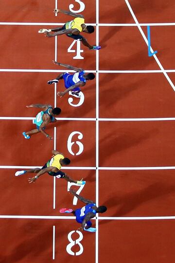 Momento de la llegada de la final de los 100 metros. Oro para Justin Gatlin, la plata fue para Christian Coleman y el bronce para Usain Bolt. 