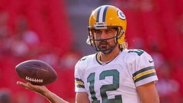 Aaron Rodgers of the Green Bay Packers participates in pregame warmups prior to the preseason game against the Kansas City Chiefs at Arrowhead Stadium on August 25, 2022 in Kansas City, Missouri.