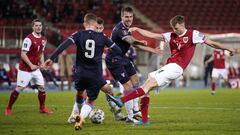 VIENNA, AUSTRIA - MARCH 28: Sasa Kalajdzic of Austria shoots during the FIFA World Cup 2022 Qatar qualifying match between Austria and the Faroe Islands on March 28, 2021 in Vienna, Austria. Sporting stadiums around Austria remain under strict restriction