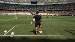 Shakhtar Donetsk players warm up before the match against FC Metalist 1925 Kharkiv on 23 August as Russia's attack on Ukraine continues.
