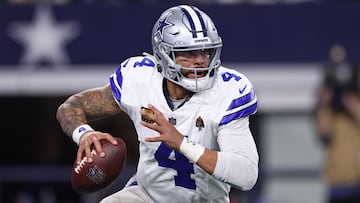 ARLINGTON, TEXAS - DECEMBER 14: Dak Prescott #4 of the Dallas Cowboys looks to pass the ball during the fourth quarter against the Minnesota Vikings at AT&T Stadium on December 14, 2025 in Arlington, Texas. Sam Hodde/Getty Images/AFP (Photo by Sam Hodde / GETTY IMAGES NORTH AMERICA / Getty Images via AFP)