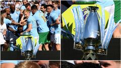 Oleksandr Zinchenko, del Manchester City, tir&oacute; al suelo el trofeo de la Premier League.