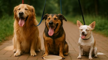 Thirsty dogs on leash with water bowl