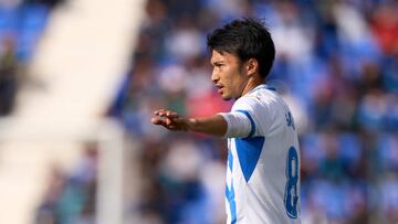 LEGANES, SPAIN - MARCH 18: Gaku Shibasaki of CD Leganes gestures during the La Liga SmartBank match between CD Leganes and Real Oviedo at Estadio Municipal de Butarque on March 18, 2023 in Leganes, Spain. (Photo by Angel Martinez/Getty Images)