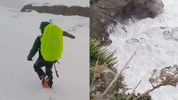 Un miembro de la Guardia Civil camina por la nieve en Arag¨®n y otro rescata a un surfista en Cantabria, el puente de la Pur¨ªsima del 2024.