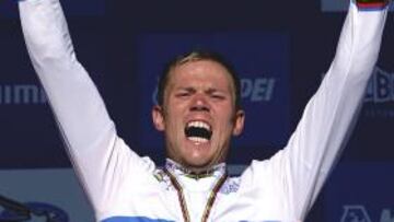 Thor Hushovd celebr車 con rabia su nueva condici車n de campe車n del mundo.