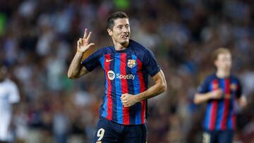 09 Robert Lewandowski of FC Barcelona celebrates after scoring a hattrick during the UEFA Champions League match of Group C between FC Barcelona v FC Viktoria Plezen at Spotify Camp Nou Stadium in Barcelona, Spain, on September 7th, 2022. (Photo by Xavi Bonilla/DeFodi Images via Getty Images)