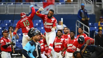 Panama's infielder #10 Ivan Aaron Herrera celebrates after hitting a home run during the Caribbean Series third place baseball game between the Curacao and Panama at LoanDepot Park in Miami, Florida, on February 9, 2024. (Photo by Chandan Khanna / AFP)