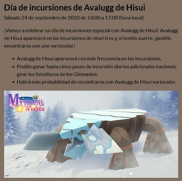 Detalles del D&iacute;a de Incursiones de Avalugg de Hisui en Pok&eacute;mon GO