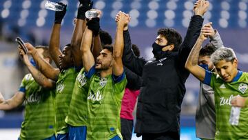 Dec 1, 2020; Seattle, Washington, USA; Seattle Sounders FC players celebrate after defeating the FC Dallas at Lumen Field. Mandatory Credit: Jennifer Buchanan-USA TODAY Sports