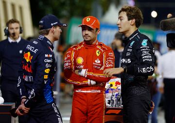 Max Verstappen (Red Bull), Charles Leclerc (Ferrari) y George Russell (Mercedes). Sakhir, Bahréin. F1 2024.