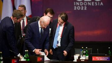 US President Joe Biden (3rd L) prepares to leave the first session during the G20 Summit in Nusa Dua on the Indonesian resort island of Bali on November 15, 2022.