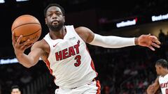 Jan 6, 2019; Atlanta, GA, USA; Miami Heat guard Dwyane Wade (3) grabs a rebound against the Atlanta Hawks during the second half at State Farm Arena. Mandatory Credit: Dale Zanine-USA TODAY Sports