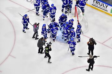 The Tampa Bay Lightning celebrate after defeating the New York Rangers 