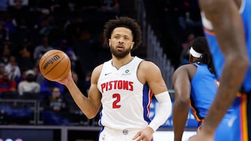 Detroit Pistons guard Cade Cunningham (2) dribbles in the first half against the Oklahoma City Thunder at Little Caesars Arena.